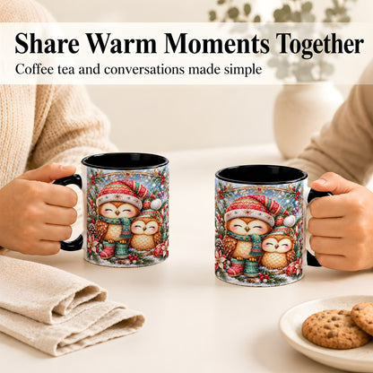 #pl[11oz|Black] Christmas Owl Pair Coffee Mug, Festive Owl Mug, Ceramic Cup