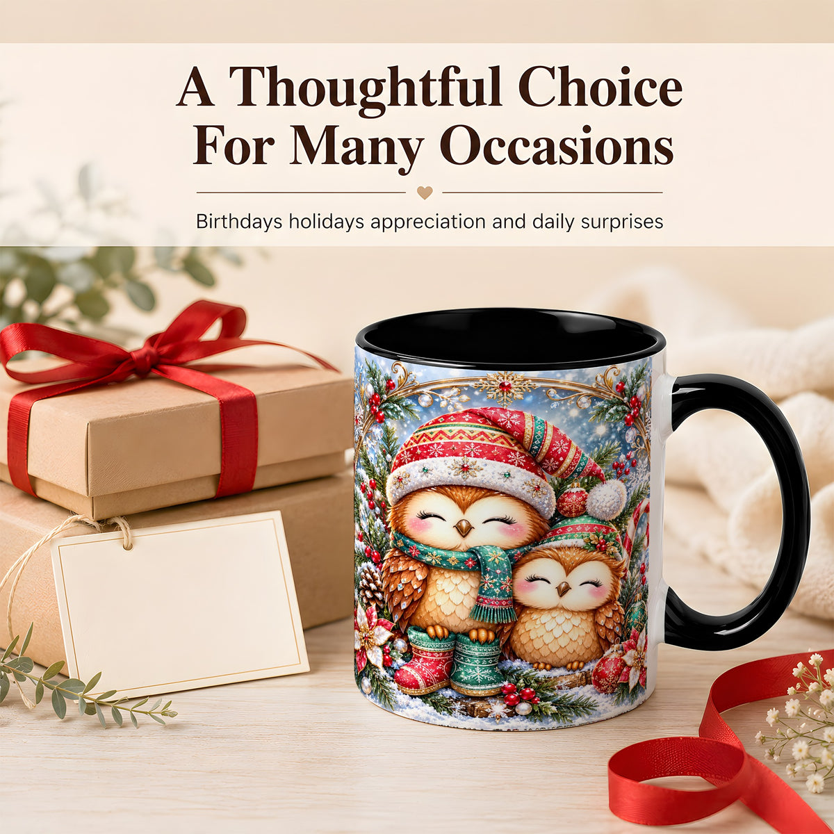 #pl[11oz|Black] Christmas Owl Pair Coffee Mug, Festive Owl Mug, Ceramic Cup