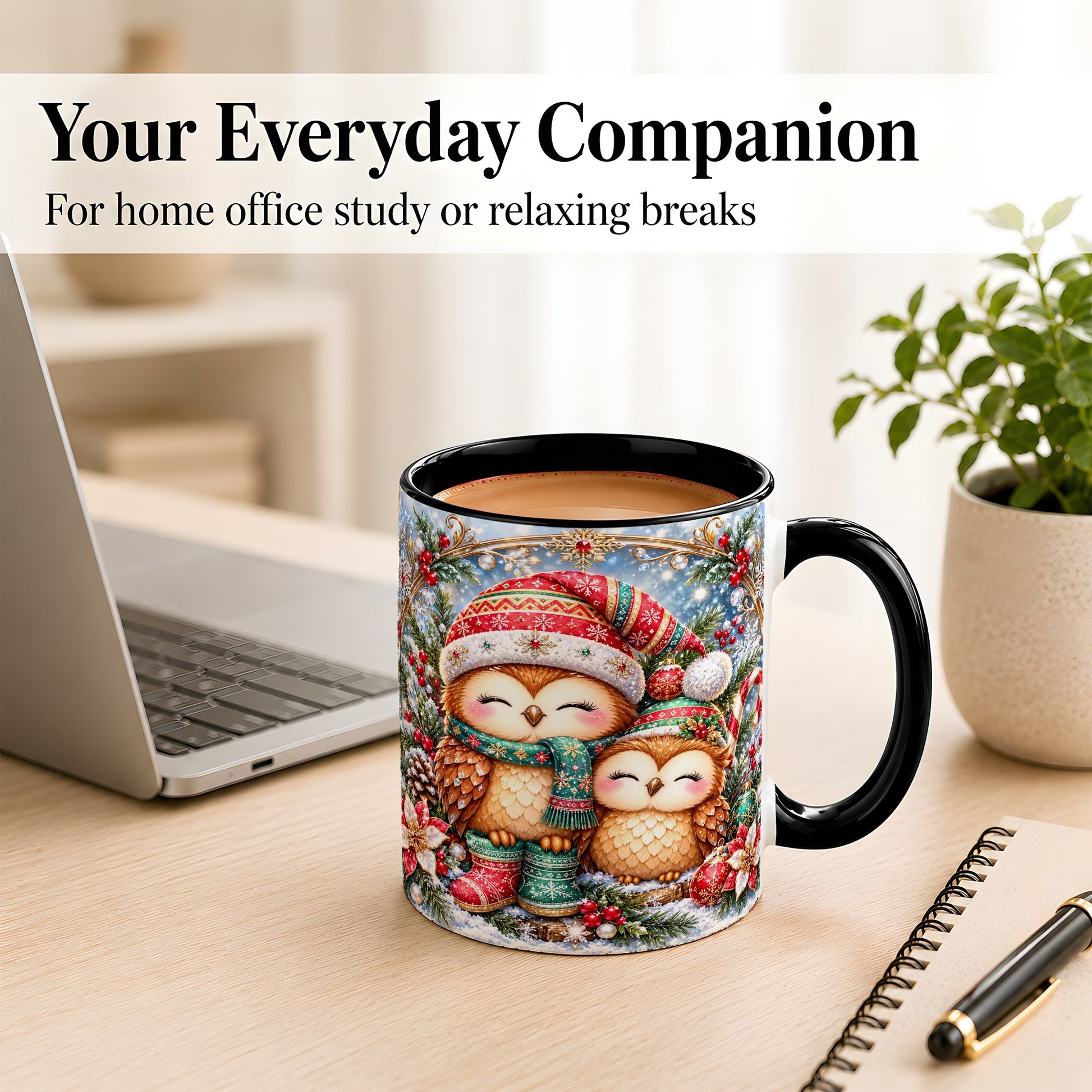 #pl[11oz|Black] Christmas Owl Pair Coffee Mug, Festive Owl Mug, Ceramic Cup