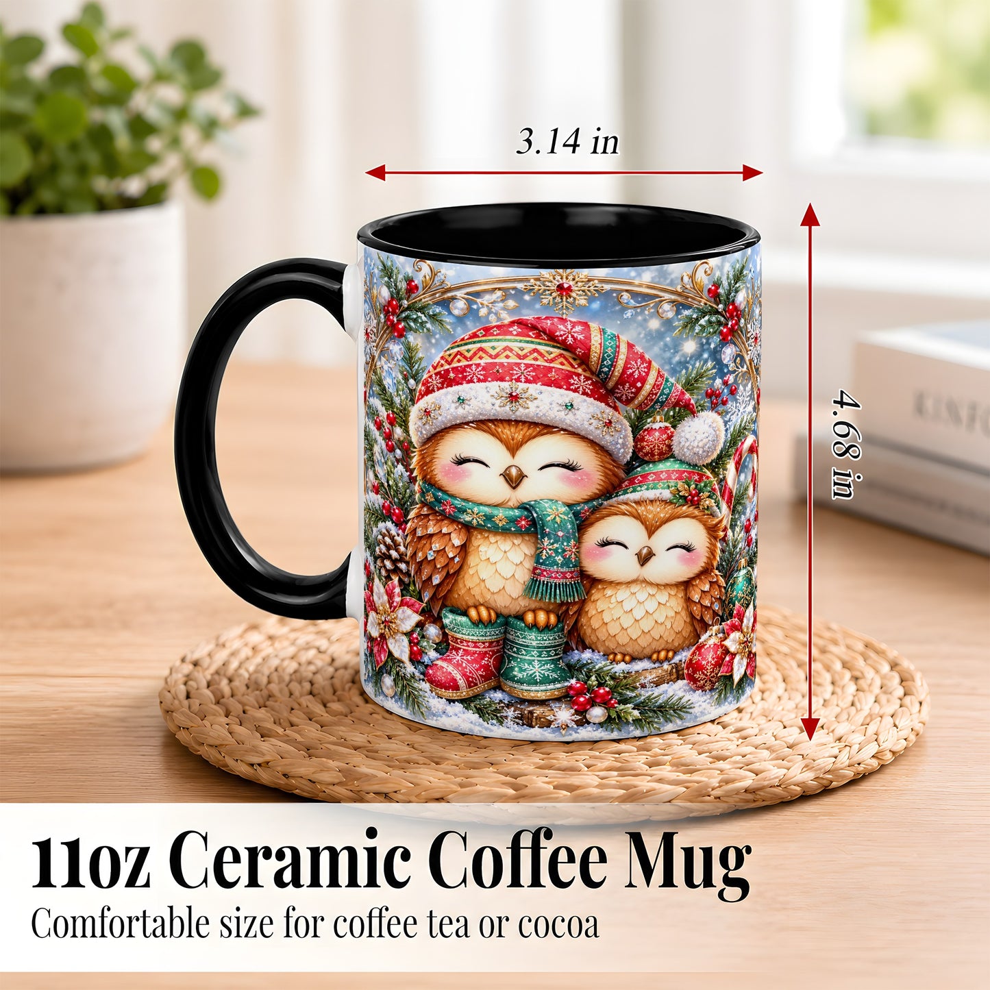 #pl[11oz|Black] Christmas Owl Pair Coffee Mug, Festive Owl Mug, Ceramic Cup