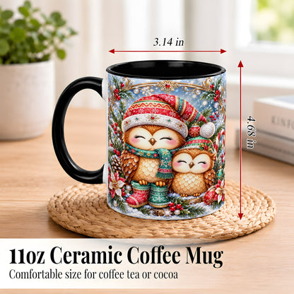 #pl[11oz|Black] Christmas Owl Pair Coffee Mug, Festive Owl Mug, Ceramic Cup