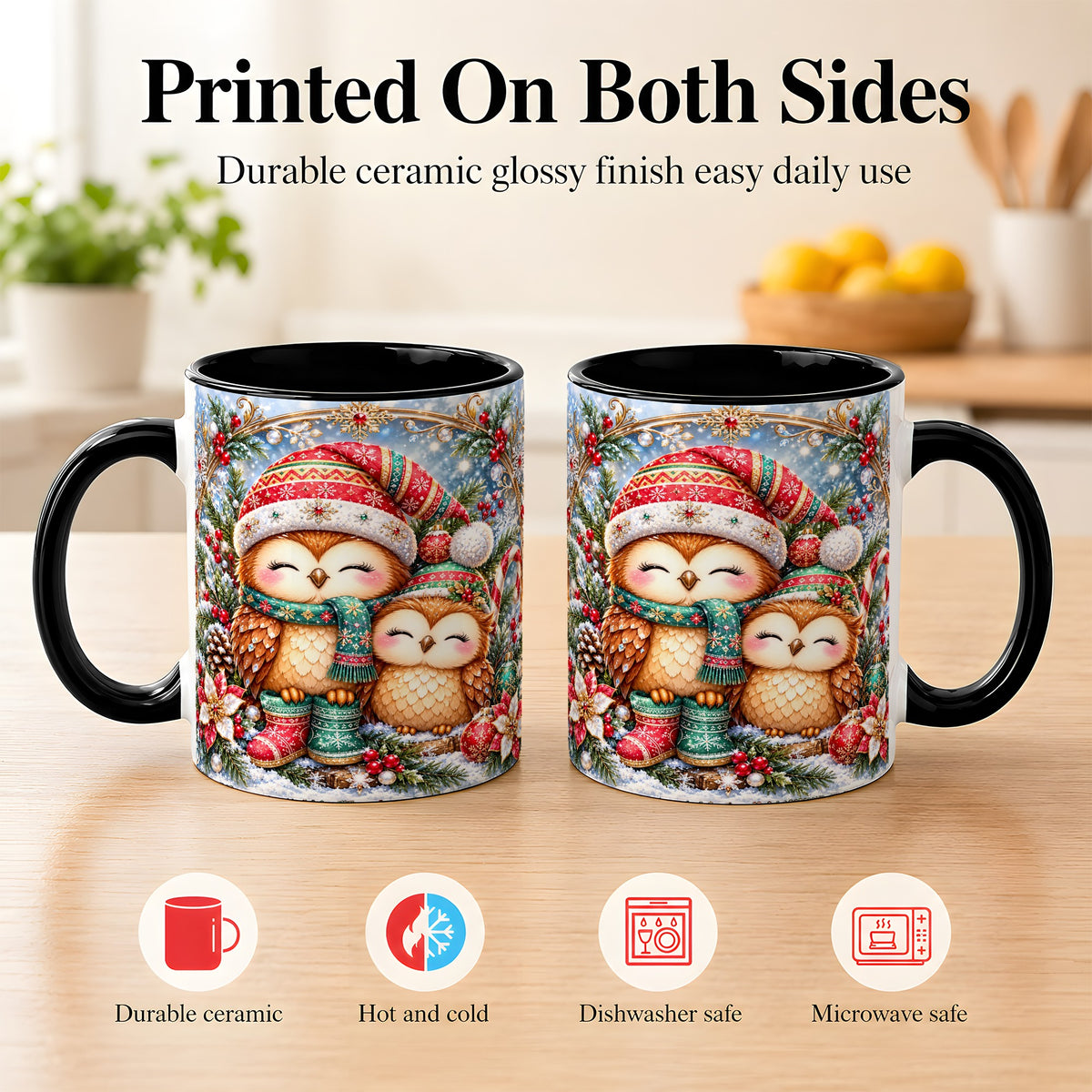 #pl[11oz|Black] Christmas Owl Pair Coffee Mug, Festive Owl Mug, Ceramic Cup