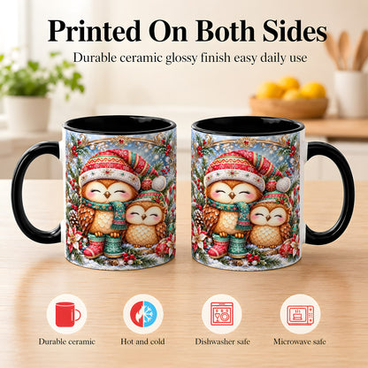 #pl[11oz|Black] Christmas Owl Pair Coffee Mug, Festive Owl Mug, Ceramic Cup