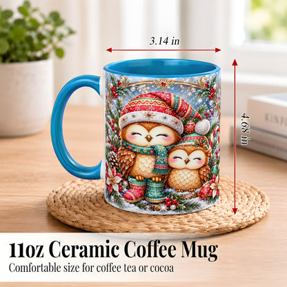 #pl[11oz|Blue] Christmas Owl Pair Coffee Mug, Festive Owl Mug, Ceramic Cup