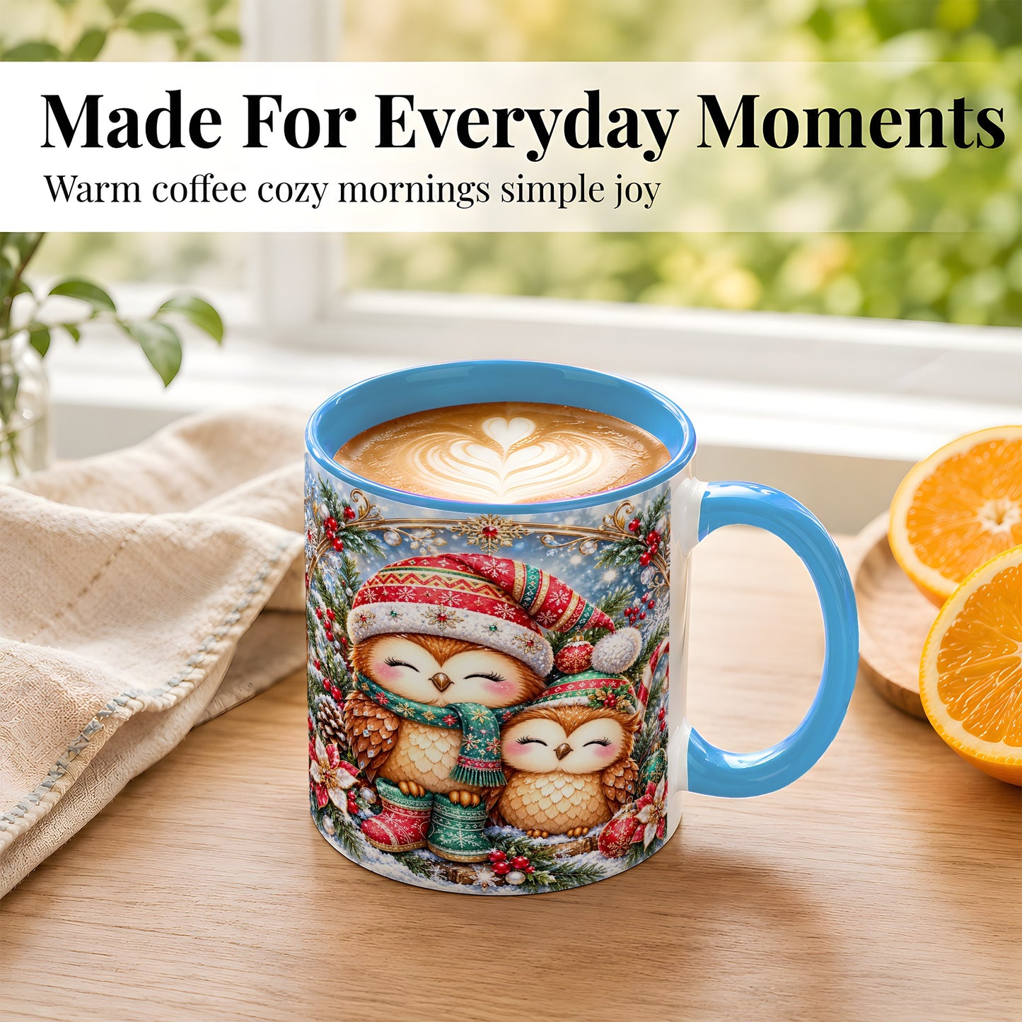 #pl[11oz|Blue] Christmas Owl Pair Coffee Mug, Festive Owl Mug, Ceramic Cup