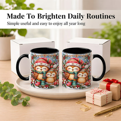 #pl[11oz|Black] Christmas Owl Pair Coffee Mug, Festive Owl Mug, Ceramic Cup