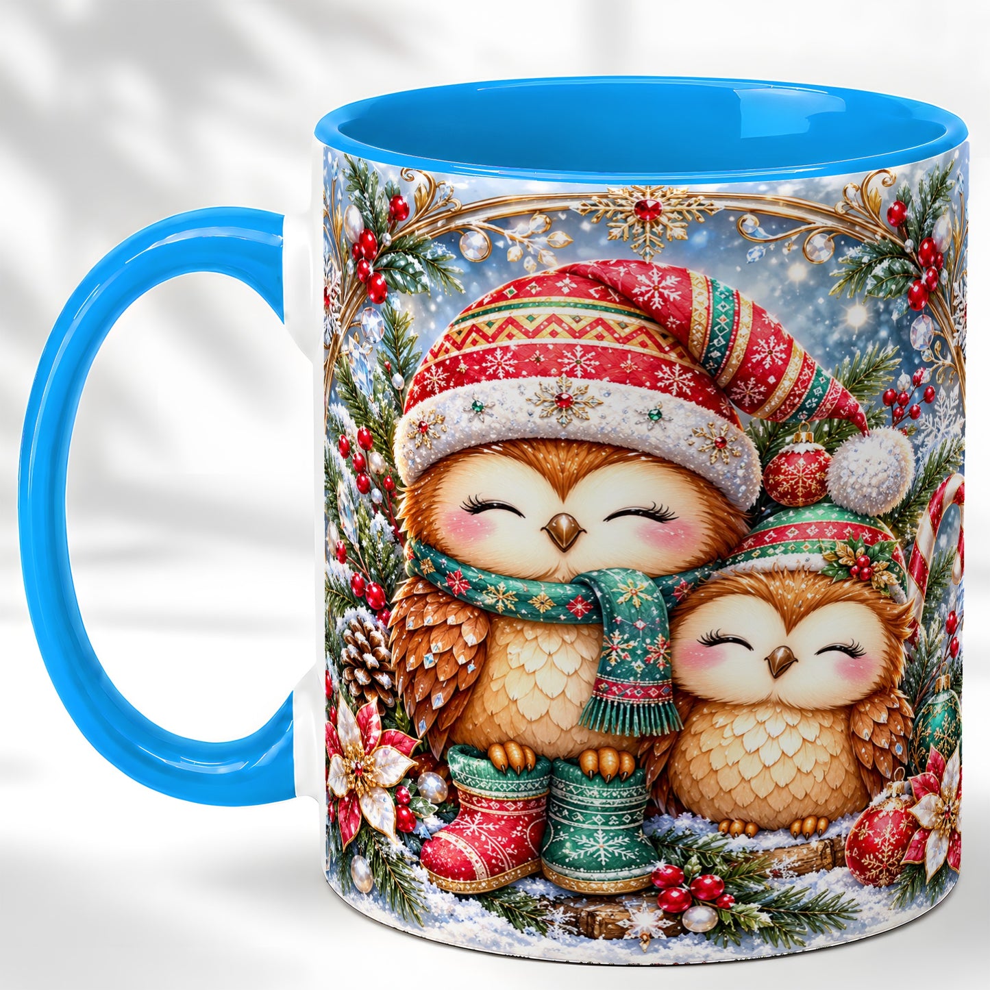 #pl[11oz|Blue] Christmas Owl Pair Coffee Mug, Festive Owl Mug, Ceramic Cup