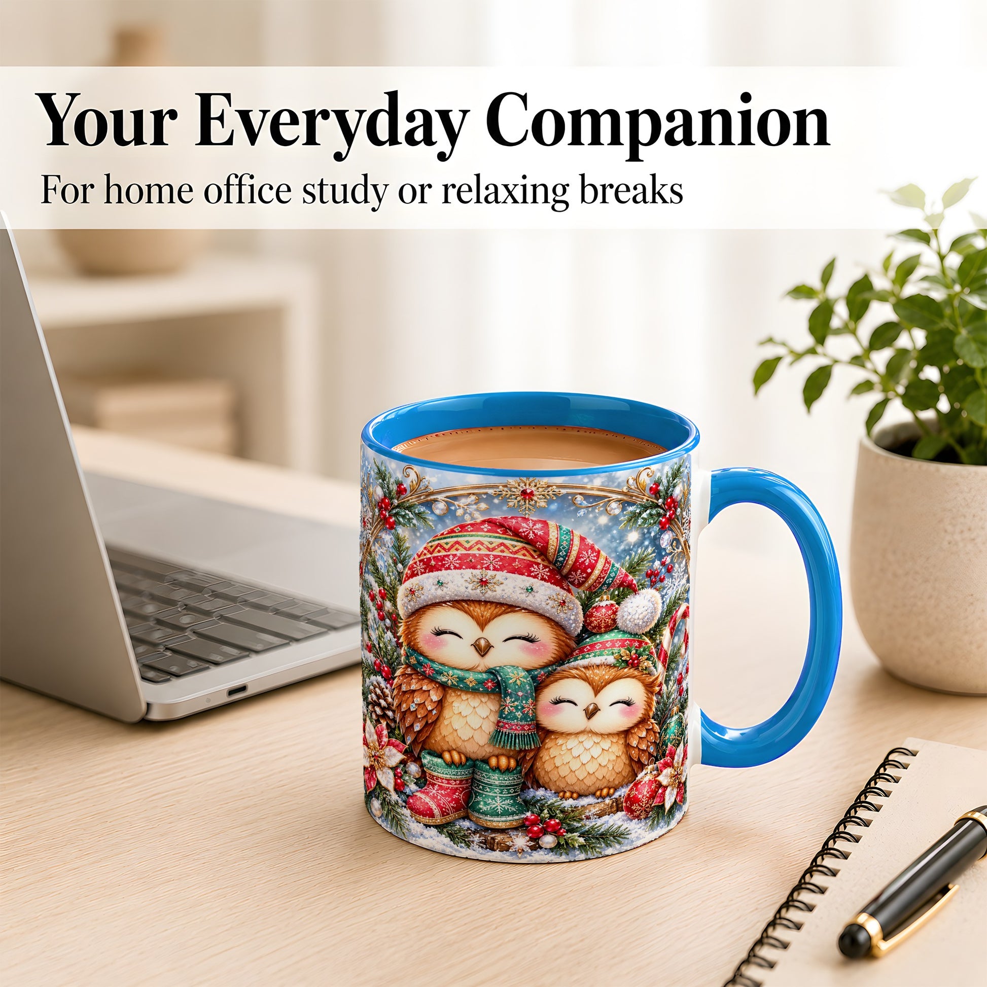 #pl[11oz|Blue] Christmas Owl Pair Coffee Mug, Festive Owl Mug, Ceramic Cup