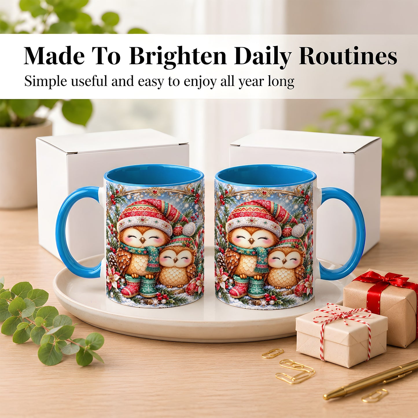 #pl[11oz|Blue] Christmas Owl Pair Coffee Mug, Festive Owl Mug, Ceramic Cup