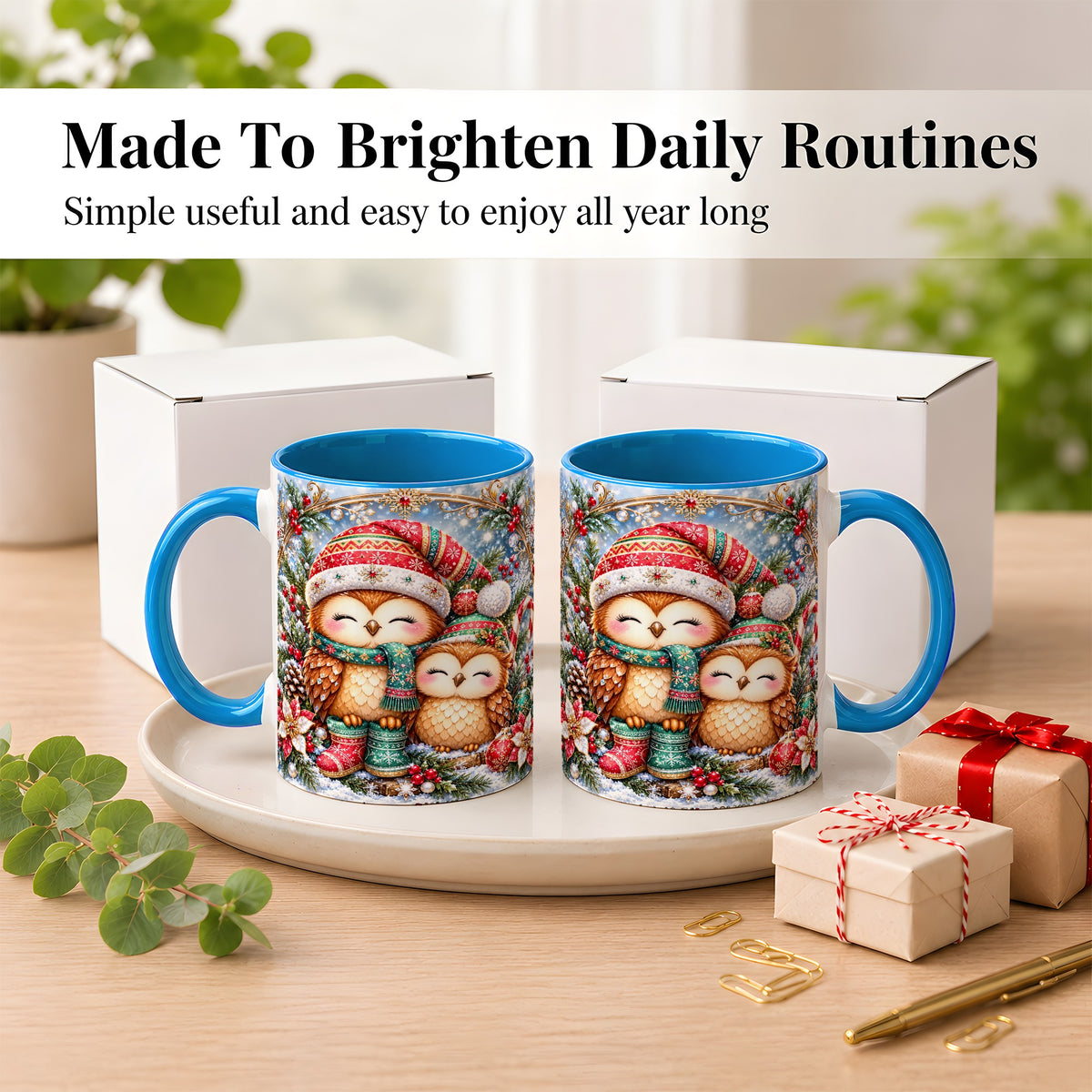#pl[11oz|Blue] Christmas Owl Pair Coffee Mug, Festive Owl Mug, Ceramic Cup