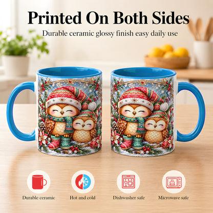 #pl[11oz|Blue] Christmas Owl Pair Coffee Mug, Festive Owl Mug, Ceramic Cup