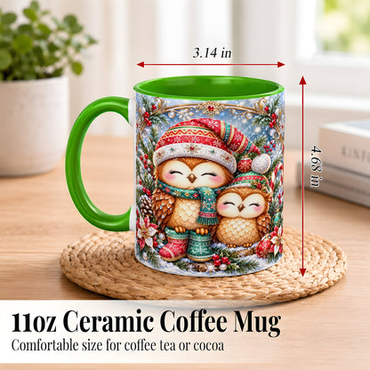 #pl[11oz|Green] Christmas Owl Pair Coffee Mug, Festive Owl Mug, Ceramic Cup