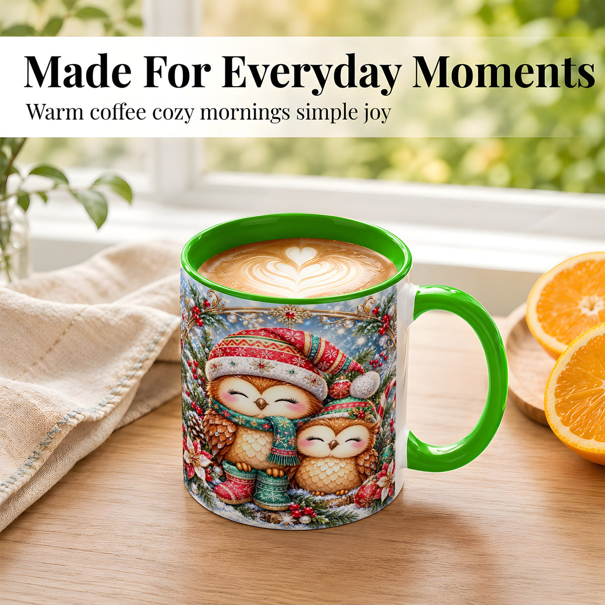#pl[11oz|Green] Christmas Owl Pair Coffee Mug, Festive Owl Mug, Ceramic Cup