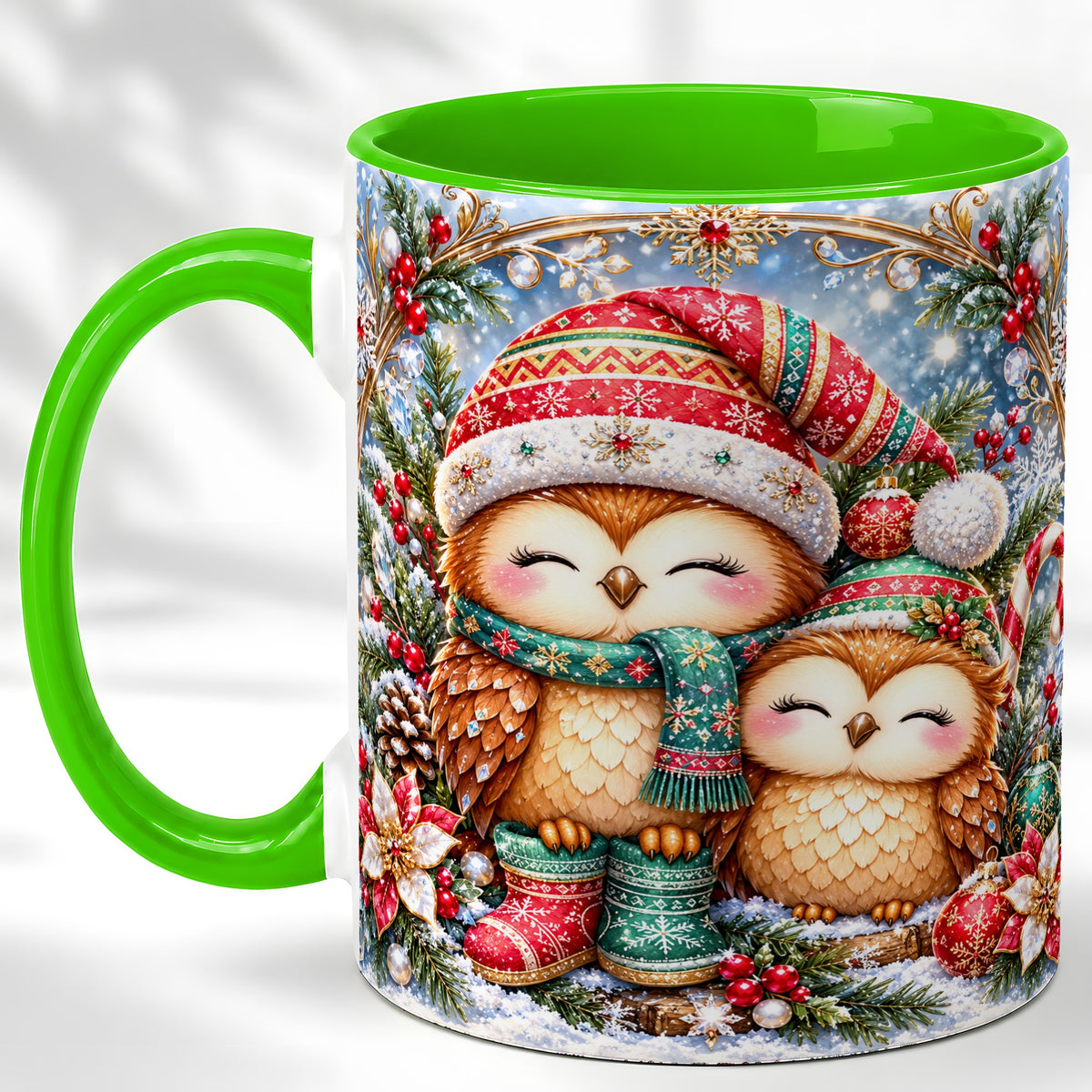 #pl[11oz|Green] Christmas Owl Pair Coffee Mug, Festive Owl Mug, Ceramic Cup
