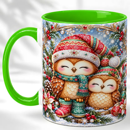 #pl[11oz|Green] Christmas Owl Pair Coffee Mug, Festive Owl Mug, Ceramic Cup