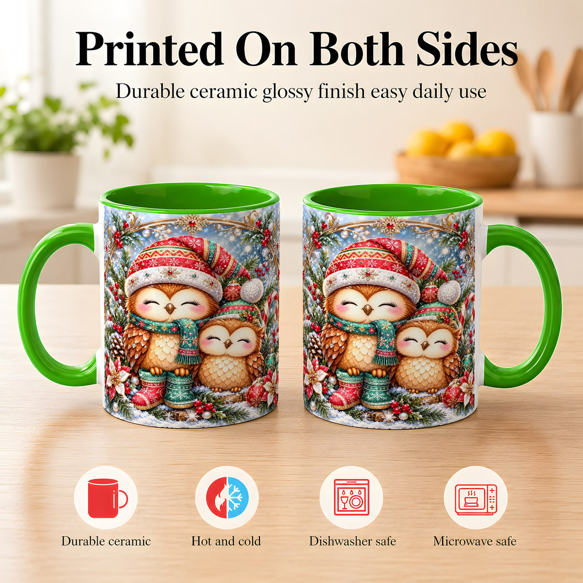 #pl[11oz|Green] Christmas Owl Pair Coffee Mug, Festive Owl Mug, Ceramic Cup
