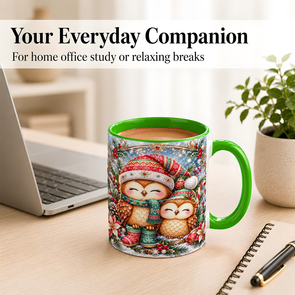 #pl[11oz|Green] Christmas Owl Pair Coffee Mug, Festive Owl Mug, Ceramic Cup