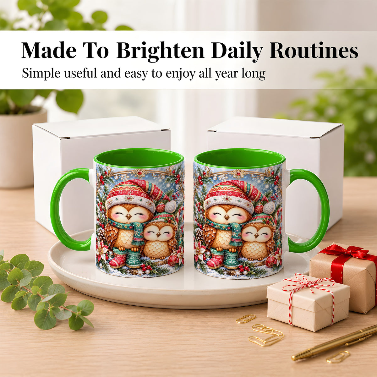 #pl[11oz|Green] Christmas Owl Pair Coffee Mug, Festive Owl Mug, Ceramic Cup