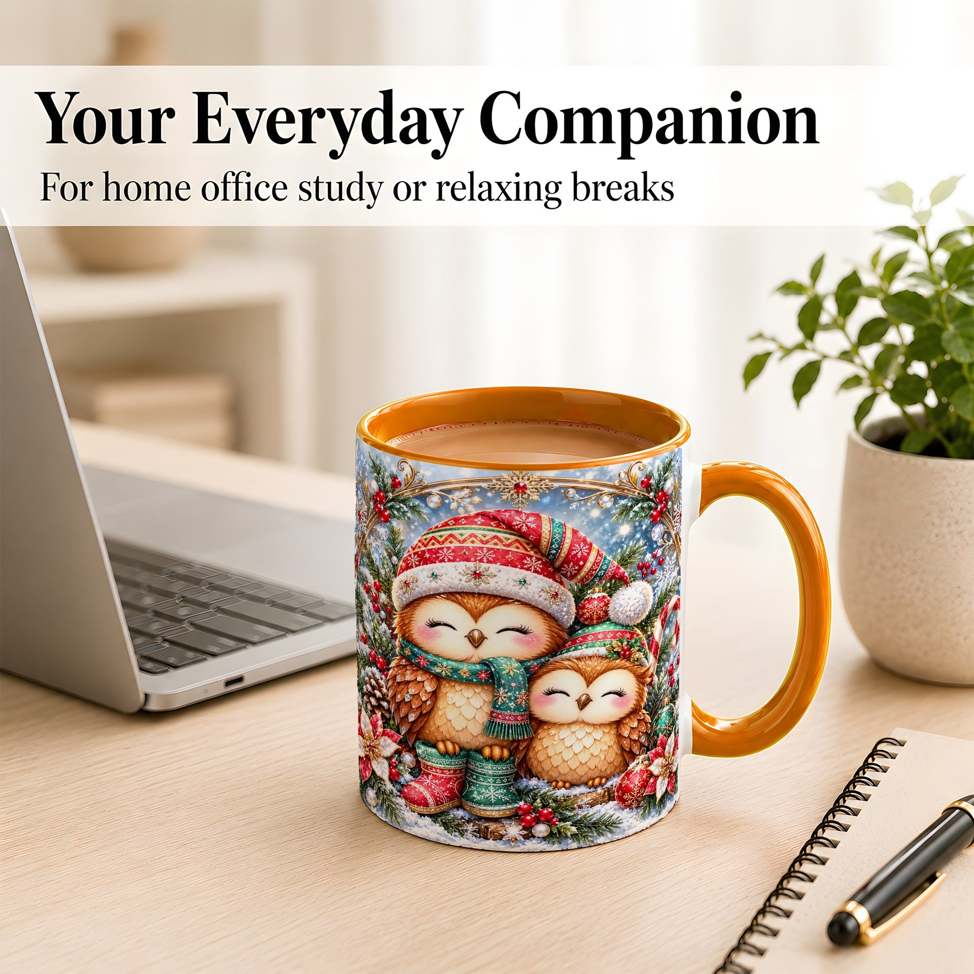 #pl[11oz|Orange] Christmas Owl Pair Coffee Mug, Festive Owl Mug, Ceramic Cup