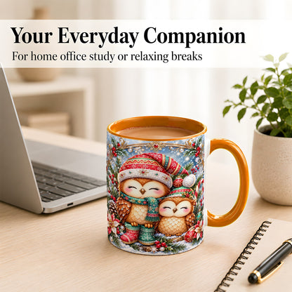 #pl[11oz|Orange] Christmas Owl Pair Coffee Mug, Festive Owl Mug, Ceramic Cup