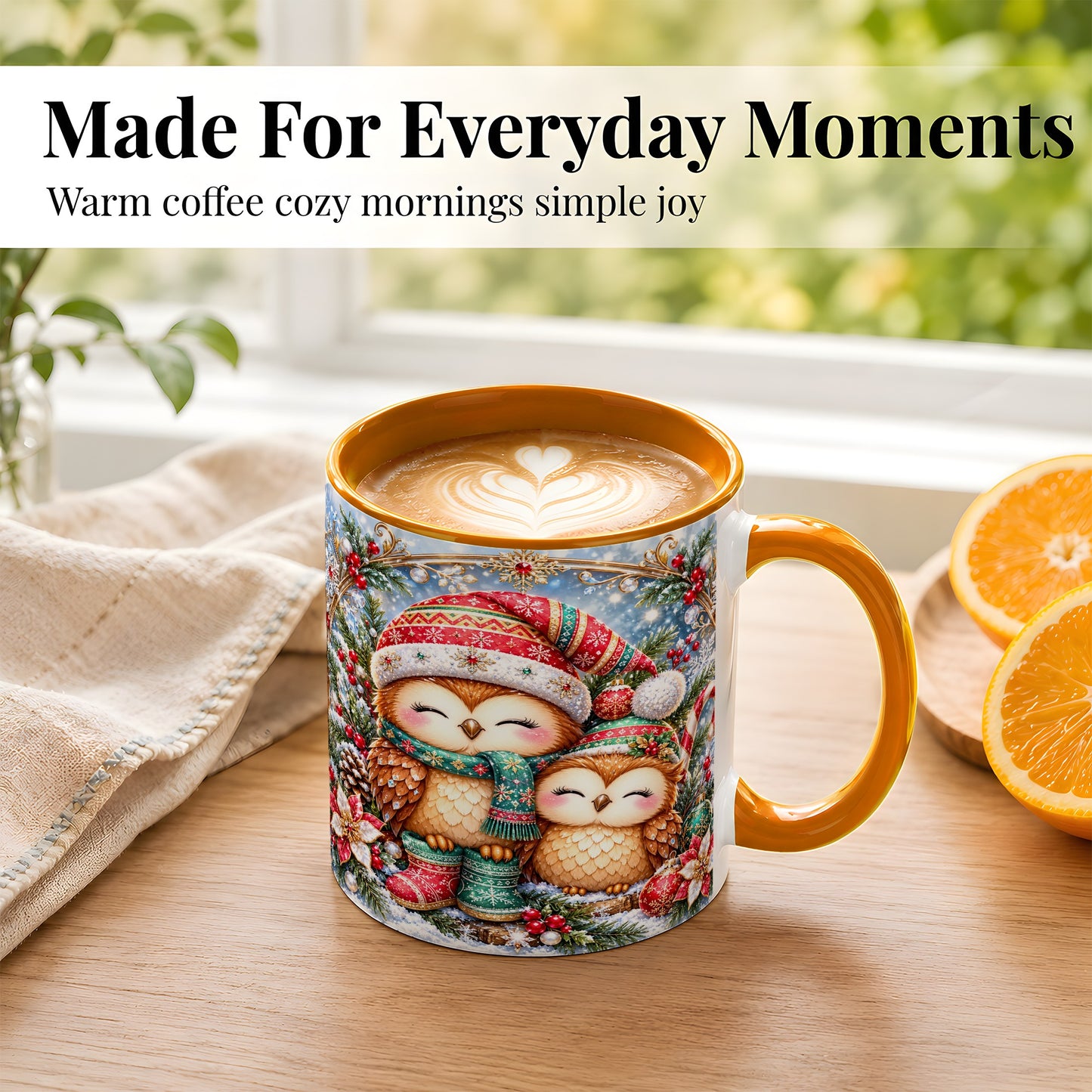 #pl[11oz|Orange] Christmas Owl Pair Coffee Mug, Festive Owl Mug, Ceramic Cup