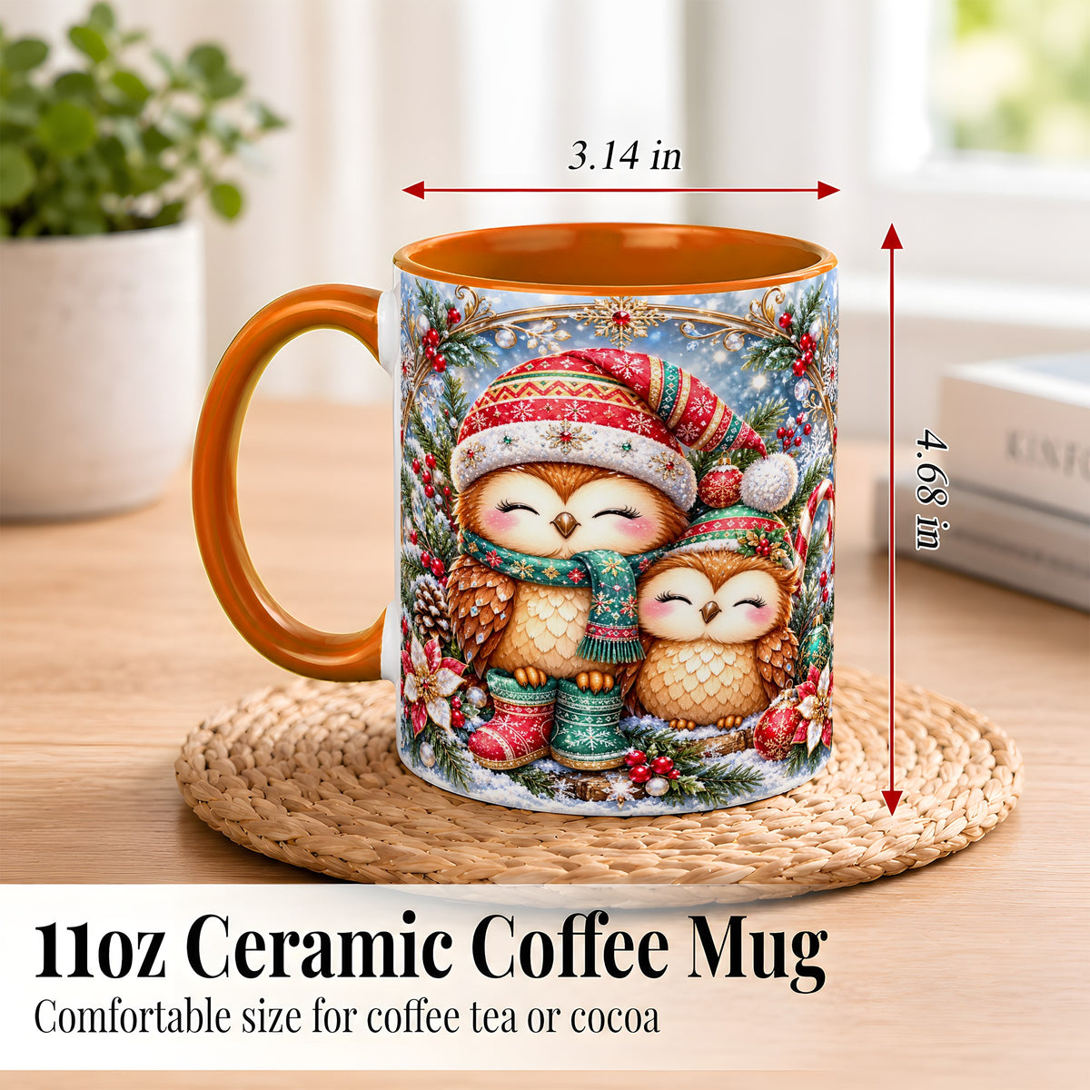 #pl[11oz|Orange] Christmas Owl Pair Coffee Mug, Festive Owl Mug, Ceramic Cup