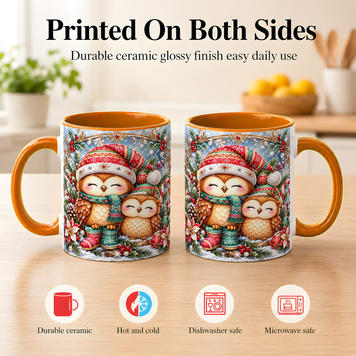#pl[11oz|Orange] Christmas Owl Pair Coffee Mug, Festive Owl Mug, Ceramic Cup