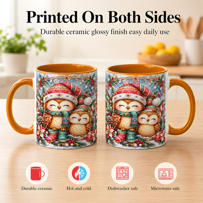 #pl[11oz|Orange] Christmas Owl Pair Coffee Mug, Festive Owl Mug, Ceramic Cup
