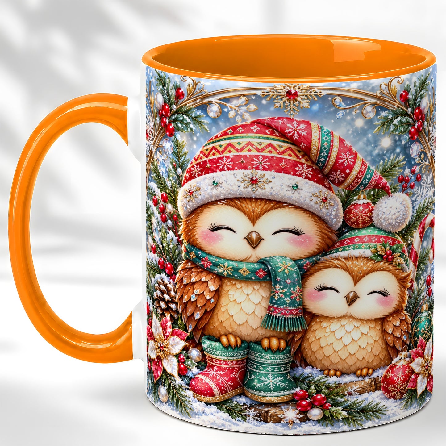 #pl[11oz|Orange] Christmas Owl Pair Coffee Mug, Festive Owl Mug, Ceramic Cup