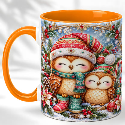 #pl[11oz|Orange] Christmas Owl Pair Coffee Mug, Festive Owl Mug, Ceramic Cup