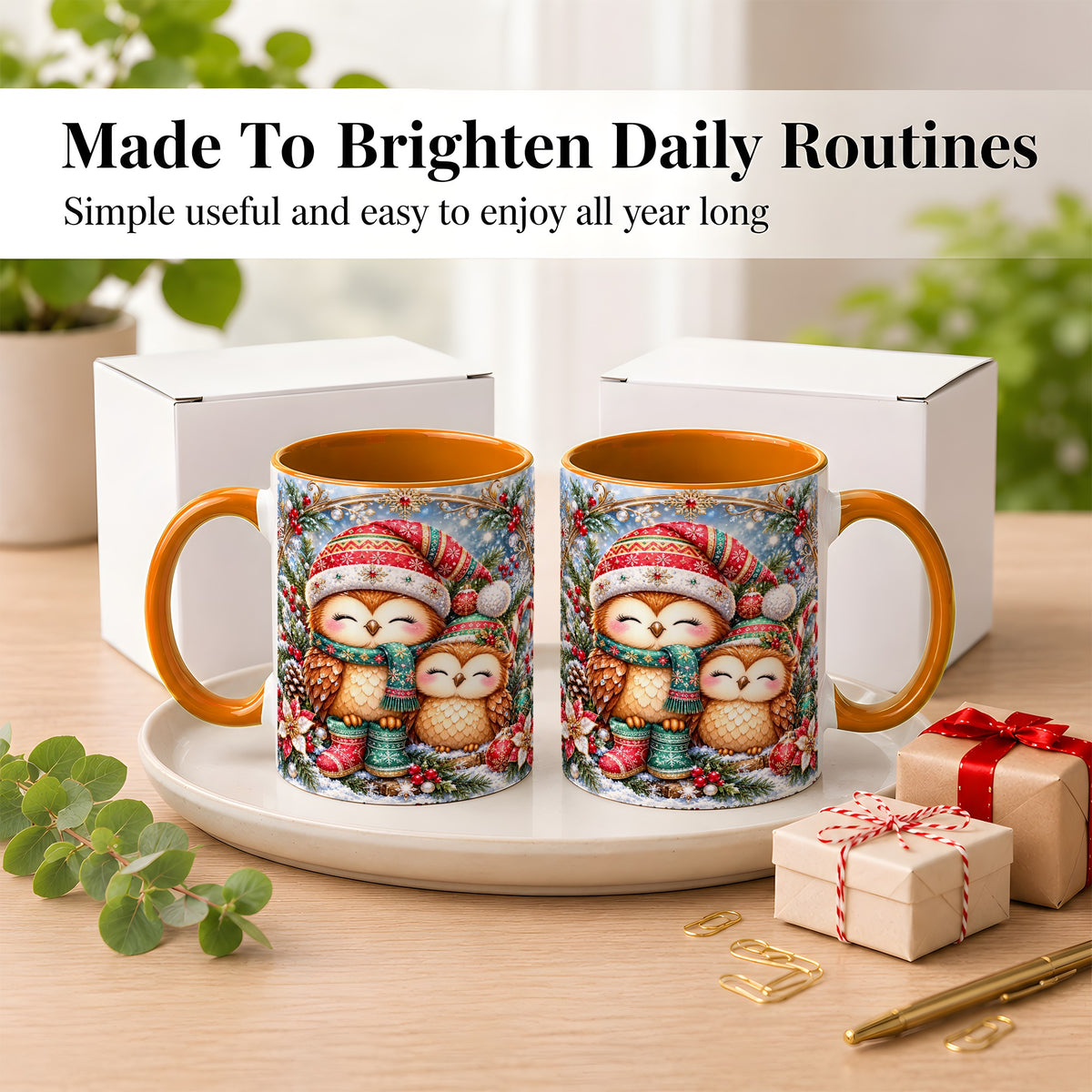 #pl[11oz|Orange] Christmas Owl Pair Coffee Mug, Festive Owl Mug, Ceramic Cup