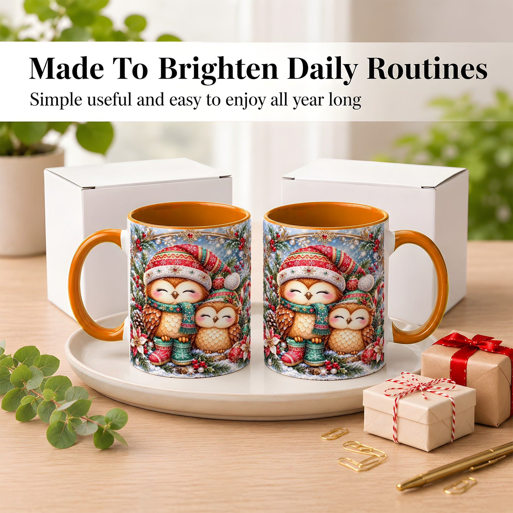 #pl[11oz|Orange] Christmas Owl Pair Coffee Mug, Festive Owl Mug, Ceramic Cup