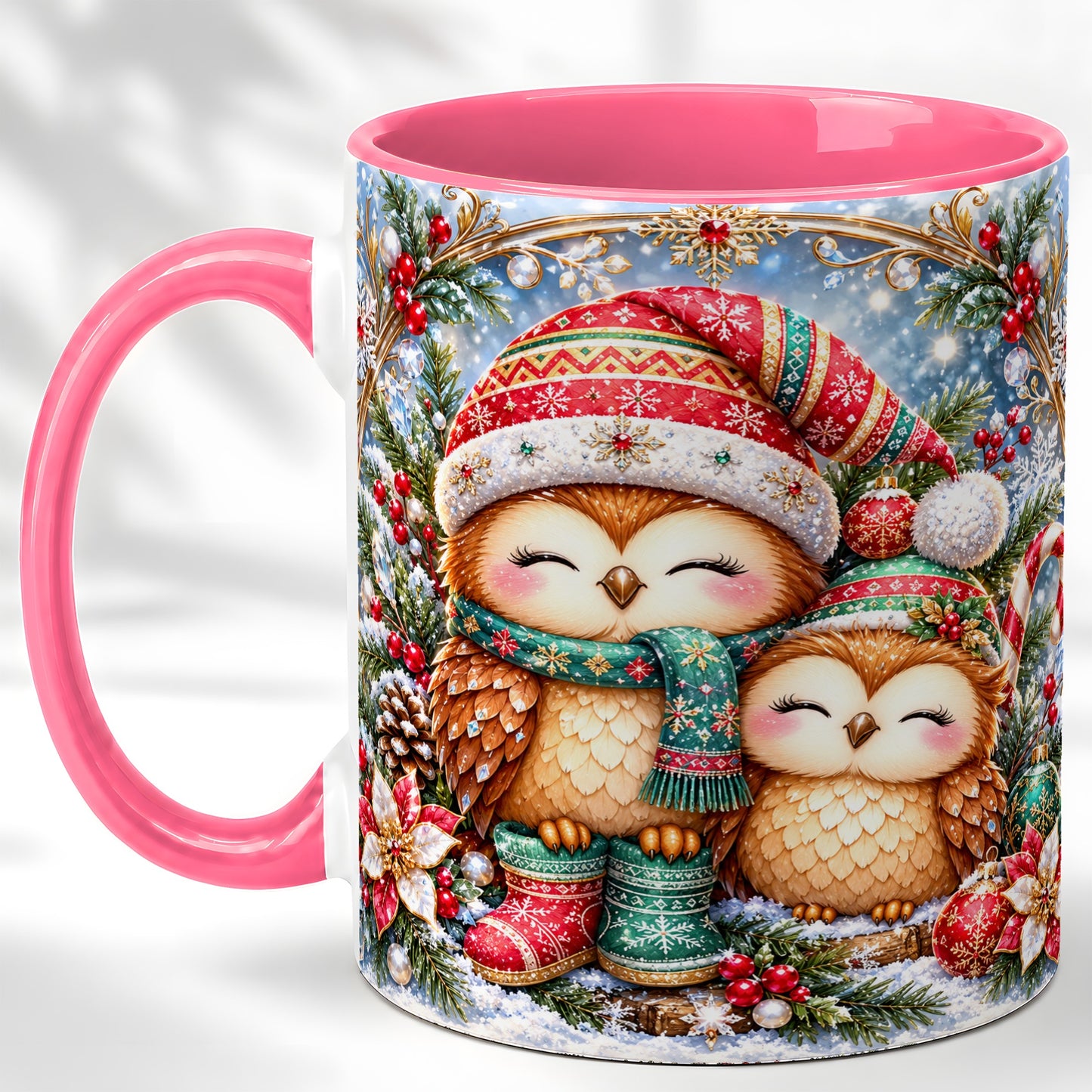 #pl[11oz|Pink] Christmas Owl Pair Coffee Mug, Festive Owl Mug, Ceramic Cup
