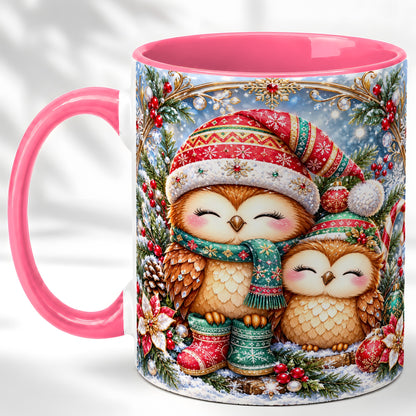 #pl[11oz|Pink] Christmas Owl Pair Coffee Mug, Festive Owl Mug, Ceramic Cup