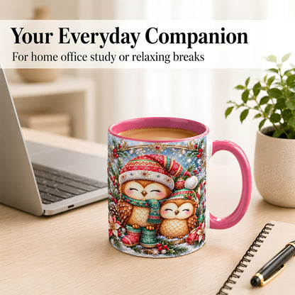#pl[11oz|Pink] Christmas Owl Pair Coffee Mug, Festive Owl Mug, Ceramic Cup