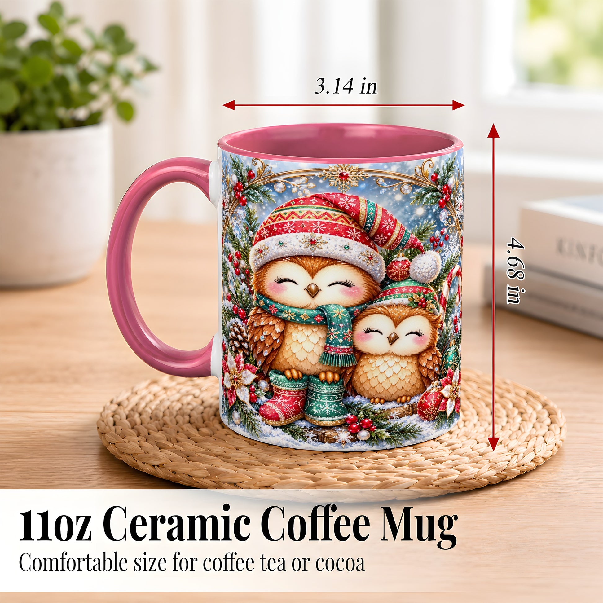 #pl[11oz|Pink] Christmas Owl Pair Coffee Mug, Festive Owl Mug, Ceramic Cup