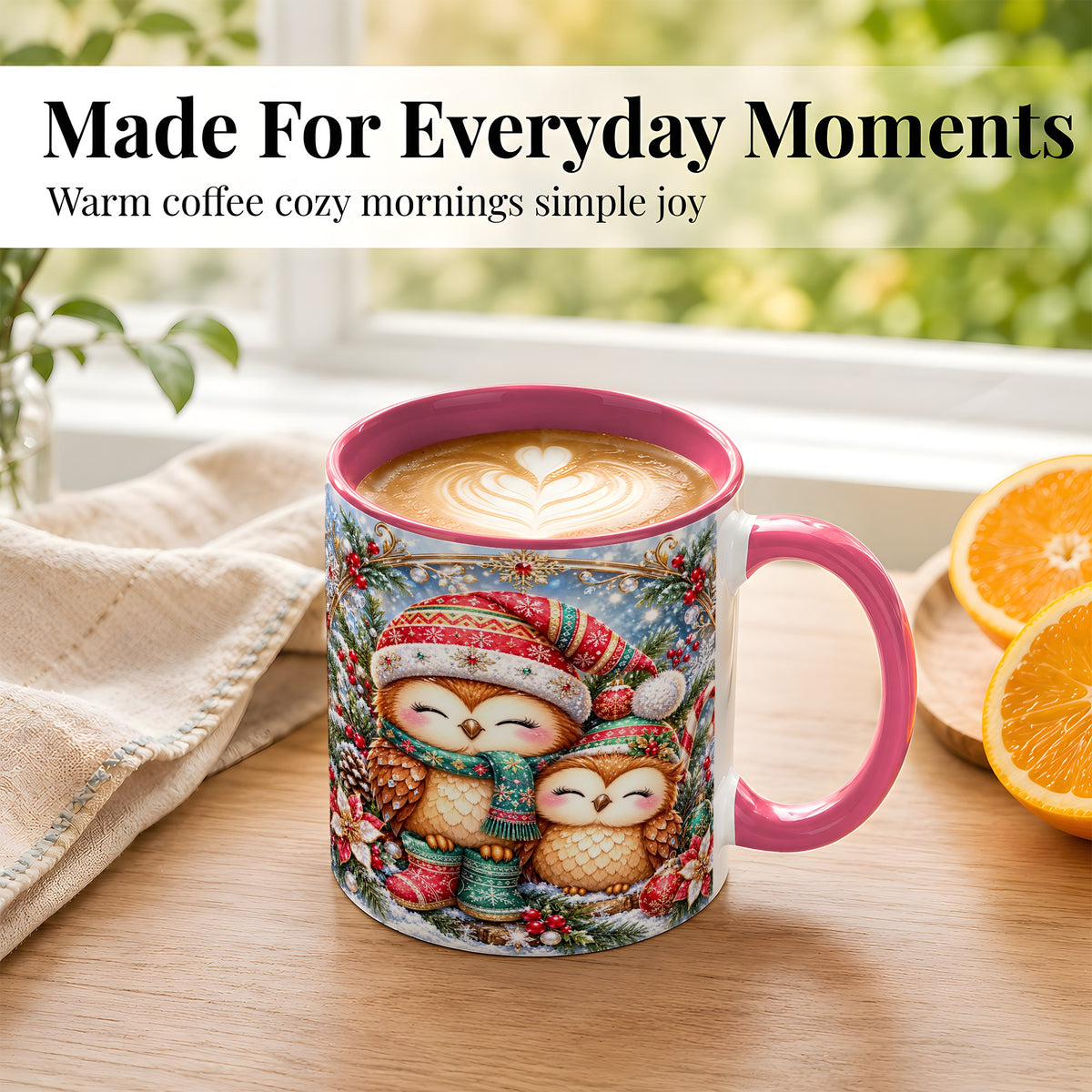 #pl[11oz|Pink] Christmas Owl Pair Coffee Mug, Festive Owl Mug, Ceramic Cup