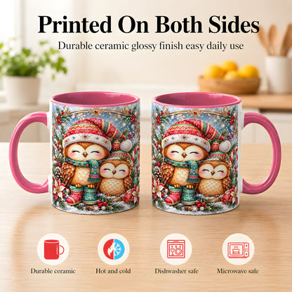#pl[11oz|Pink] Christmas Owl Pair Coffee Mug, Festive Owl Mug, Ceramic Cup