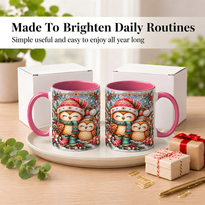 #pl[11oz|Pink] Christmas Owl Pair Coffee Mug, Festive Owl Mug, Ceramic Cup