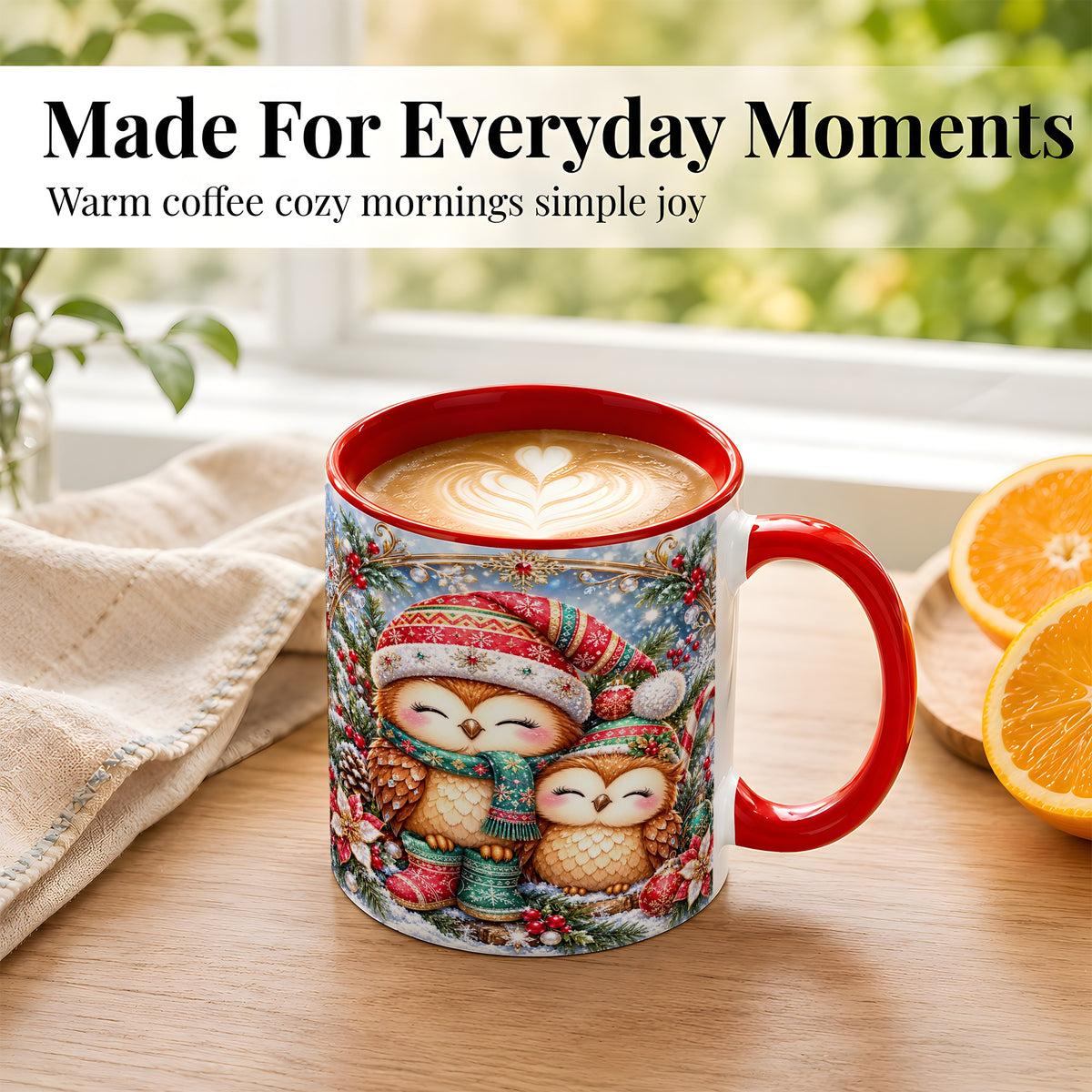 #pl[11oz|Red] Christmas Owl Pair Coffee Mug, Festive Owl Mug, Ceramic Cup