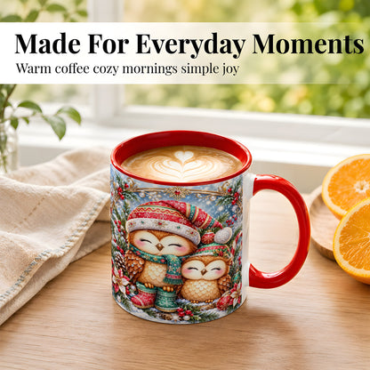 #pl[11oz|Red] Christmas Owl Pair Coffee Mug, Festive Owl Mug, Ceramic Cup