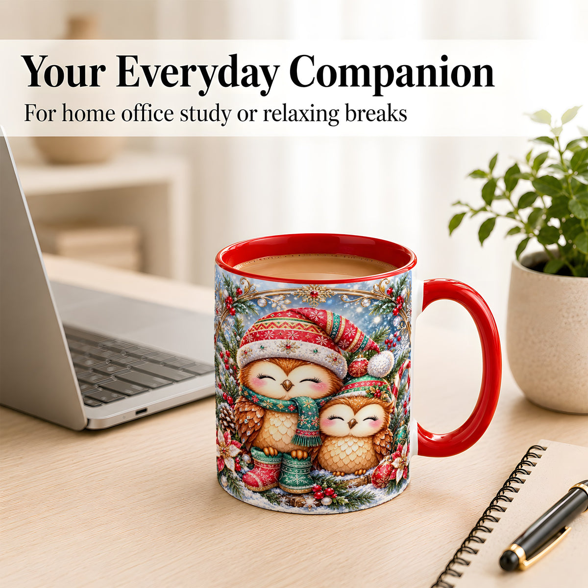 #pl[11oz|Red] Christmas Owl Pair Coffee Mug, Festive Owl Mug, Ceramic Cup