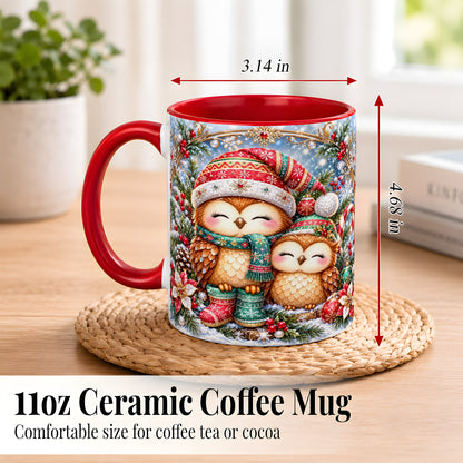 #pl[11oz|Red] Christmas Owl Pair Coffee Mug, Festive Owl Mug, Ceramic Cup
