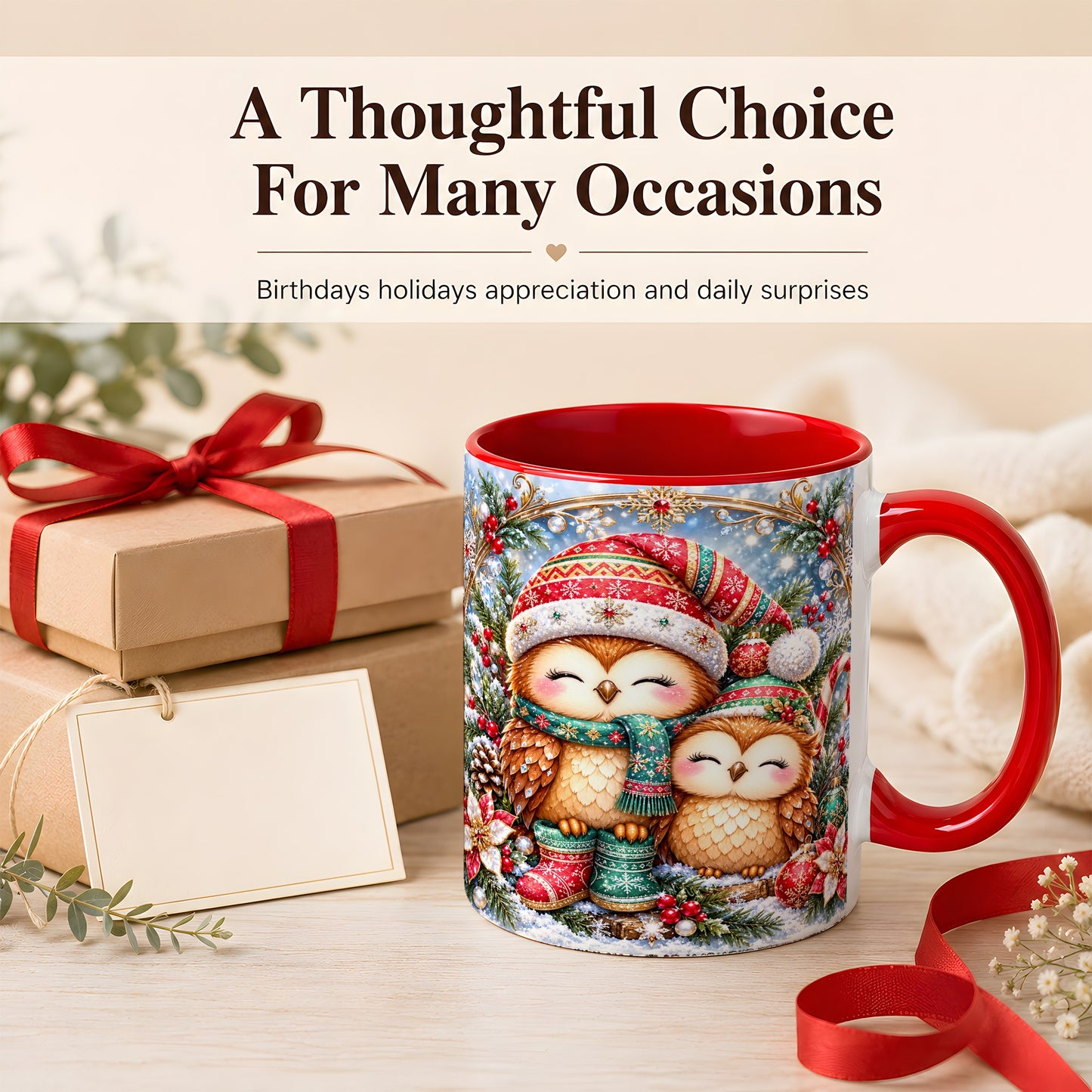 #pl[11oz|Red] Christmas Owl Pair Coffee Mug, Festive Owl Mug, Ceramic Cup