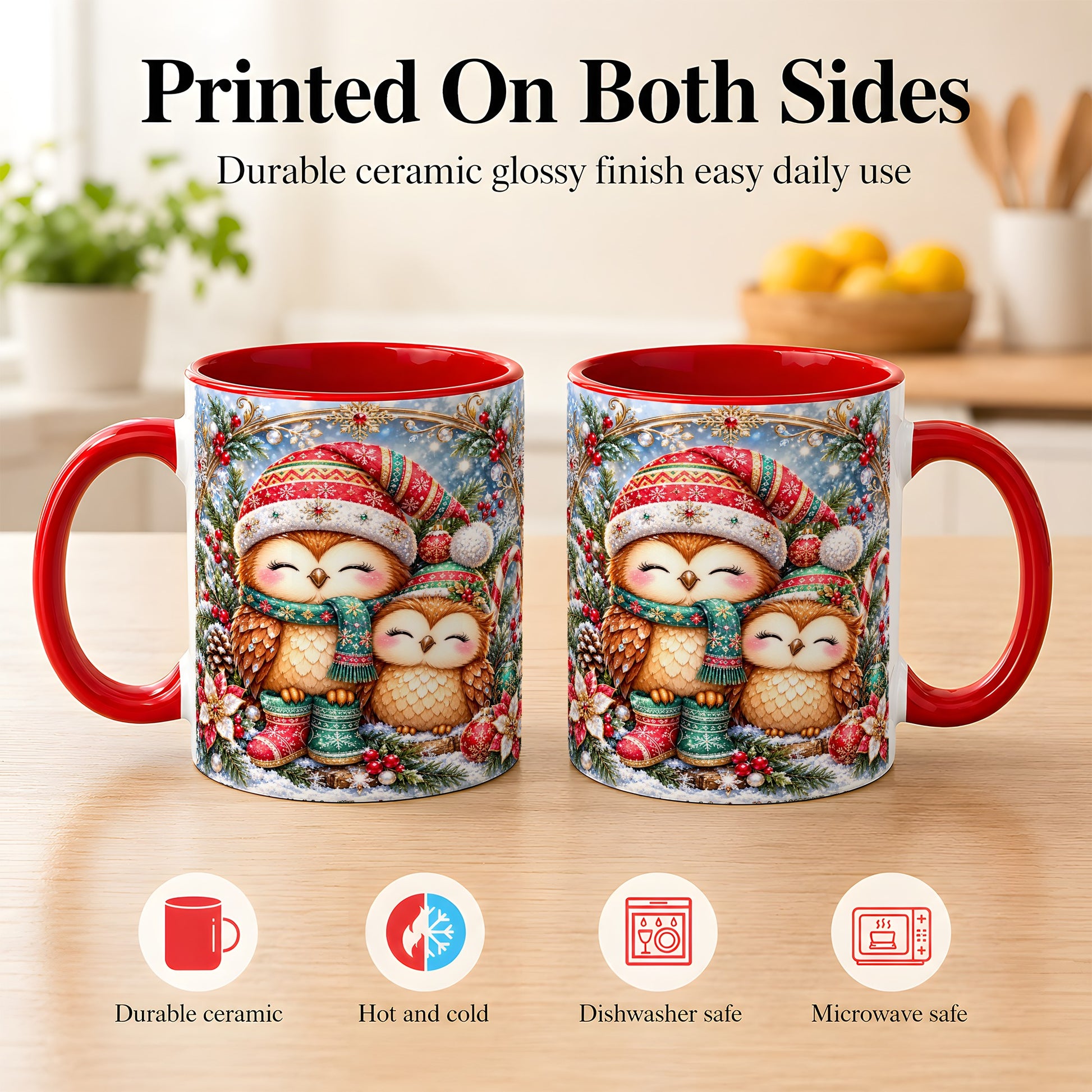 #pl[11oz|Red] Christmas Owl Pair Coffee Mug, Festive Owl Mug, Ceramic Cup