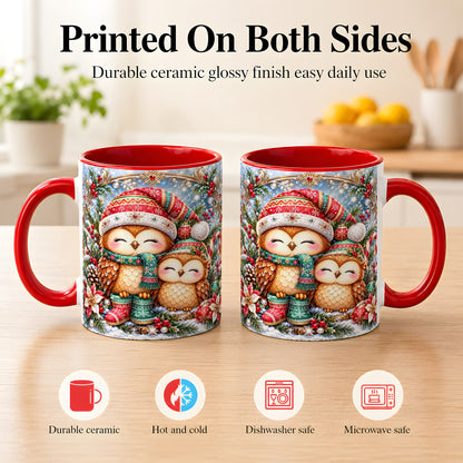 #pl[11oz|Red] Christmas Owl Pair Coffee Mug, Festive Owl Mug, Ceramic Cup