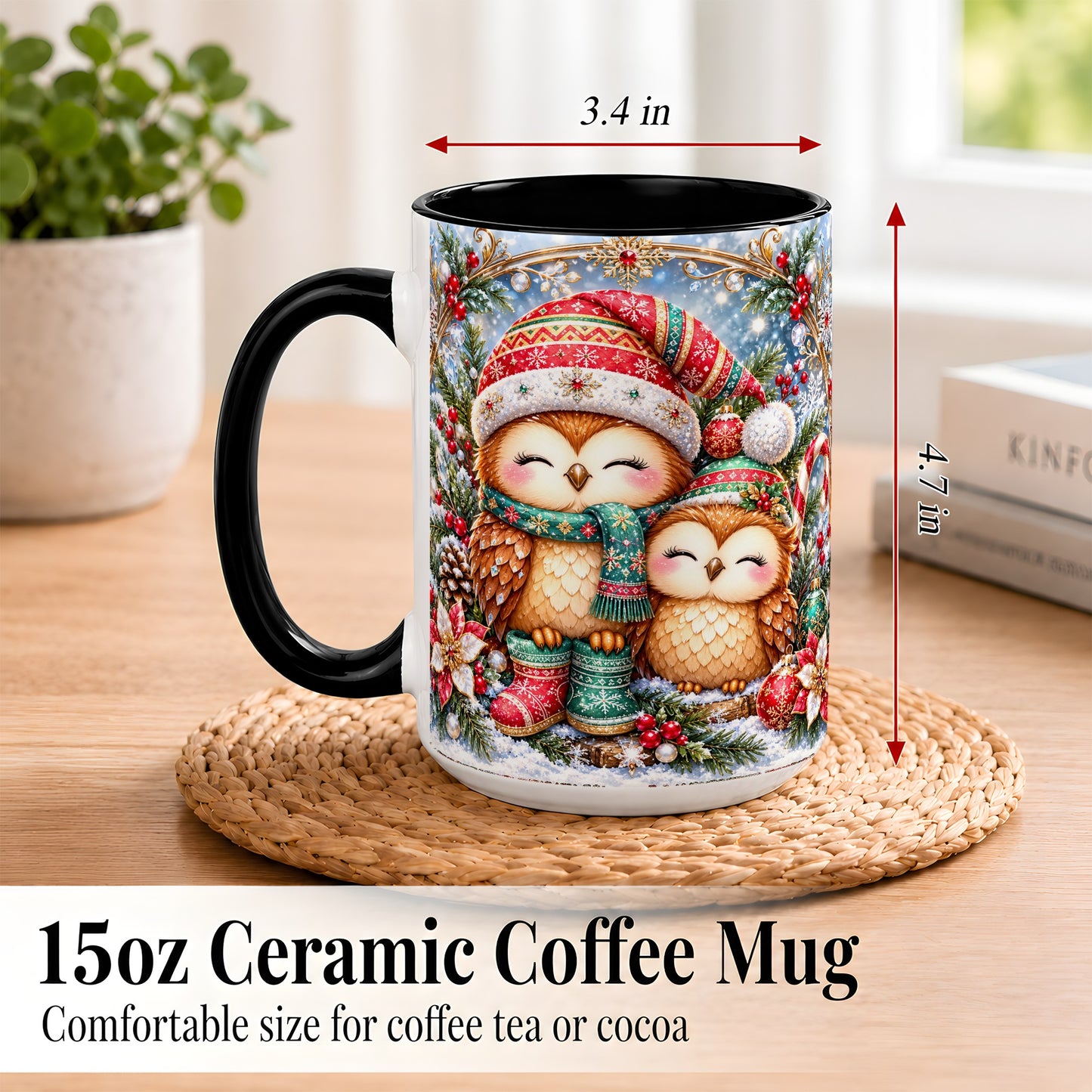 #pl[15oz|Black] Christmas Owl Pair Coffee Mug, Festive Owl Mug, Ceramic Cup