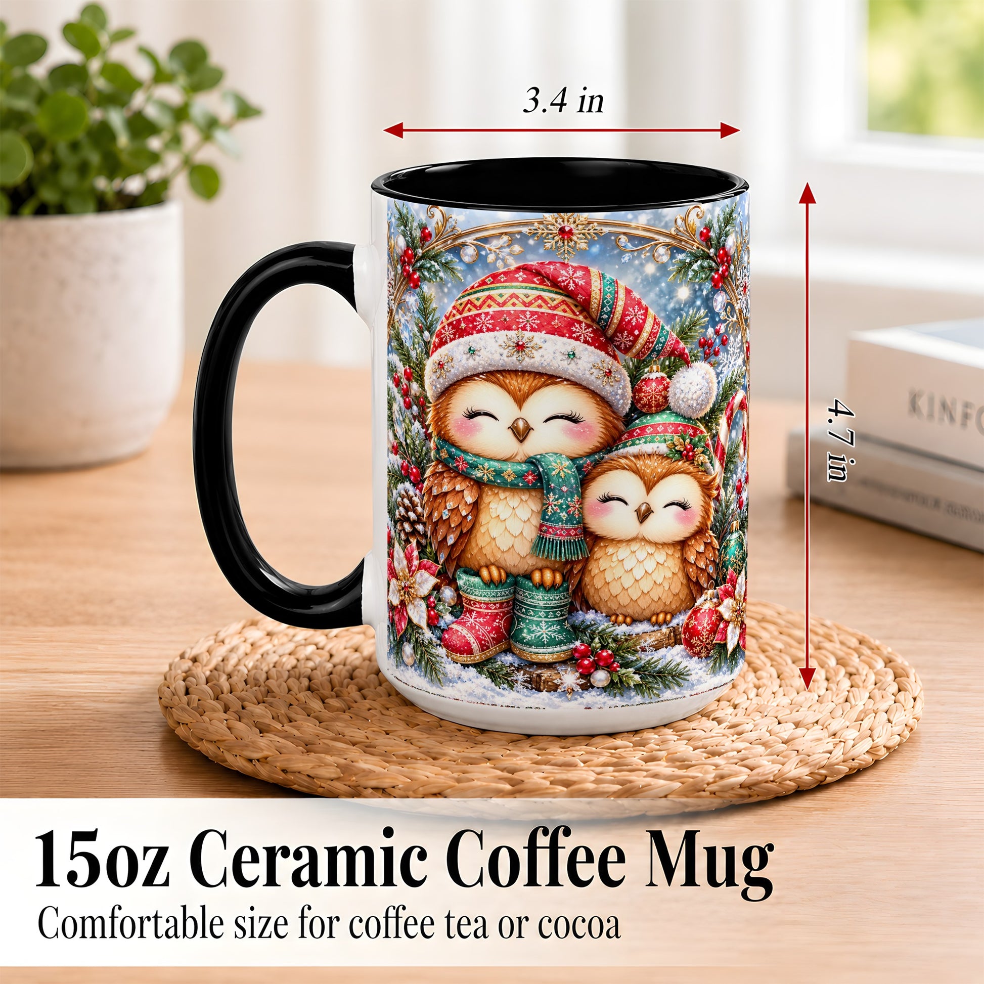 #pl[15oz|Black] Christmas Owl Pair Coffee Mug, Festive Owl Mug, Ceramic Cup