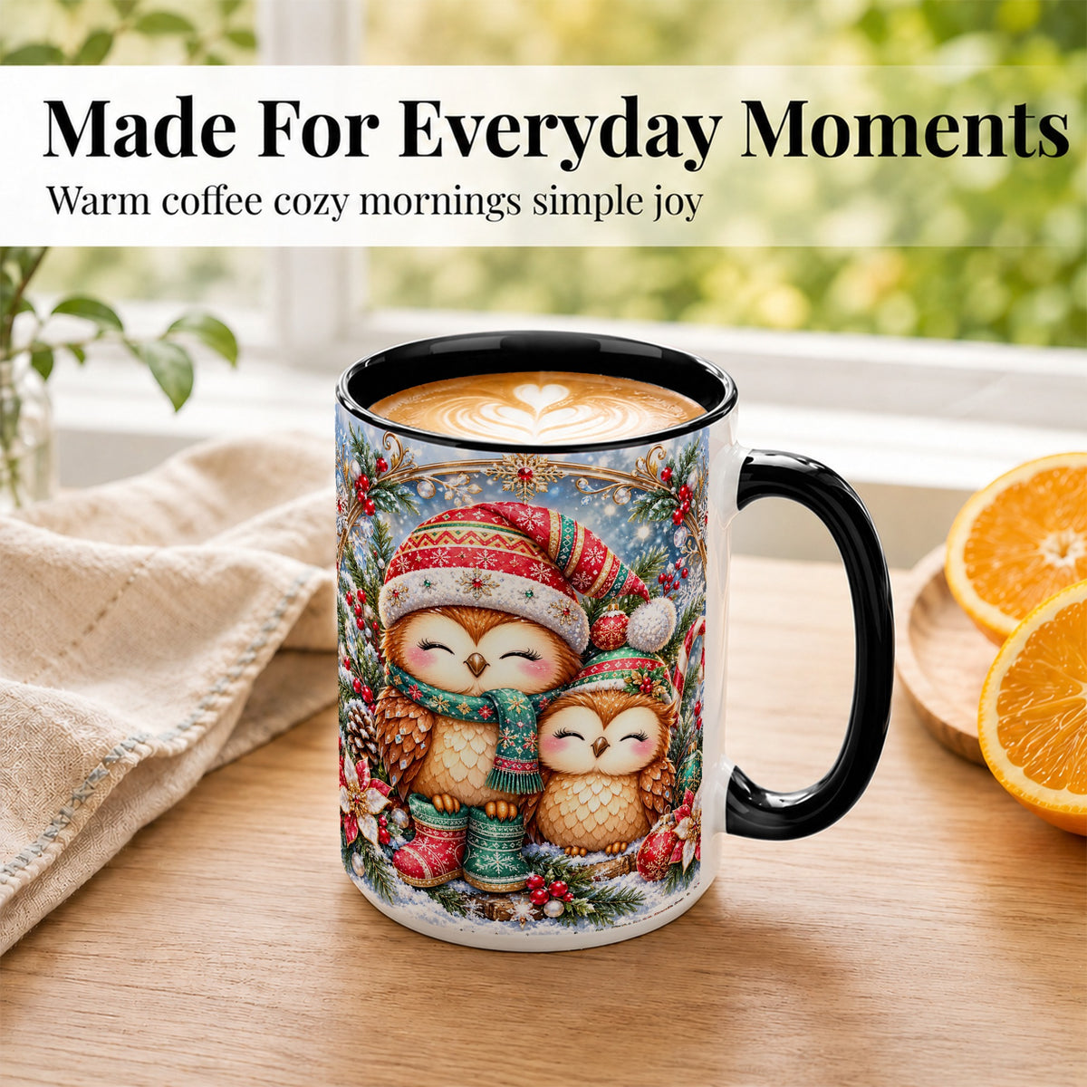 #pl[15oz|Black] Christmas Owl Pair Coffee Mug, Festive Owl Mug, Ceramic Cup