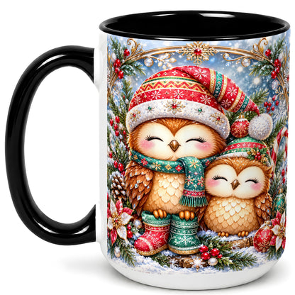 #pl[15oz|Black] Christmas Owl Pair Coffee Mug, Festive Owl Mug, Ceramic Cup